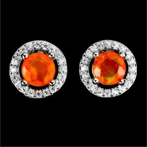 Genuine Orange Fire Opal and CZ 14k/925 Silver halo Stud Earrings